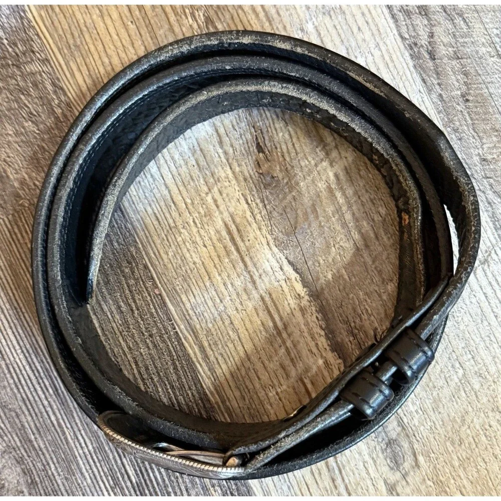 Vtg Vogt Black Leather Western Belt 46 Basketweave Tooled Silver Engraved Buckle